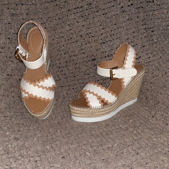 SEE BY CHLOÉ-Glyn Espadrille-Cream Leather w/Tan Trim-Sz 38-Near Mint